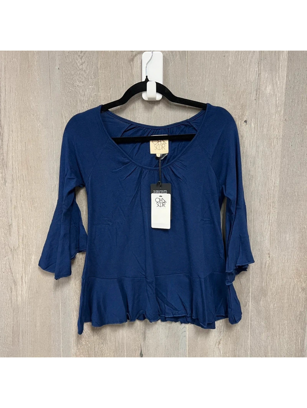 Chaser Women's Navy Blue Long Sleeve Top with Ruffle Sleeves and Hem, Size Small